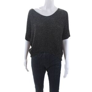 Natacha Womens Metallic Knit Short Sleeve Round Neck Shirt Top Black Size M